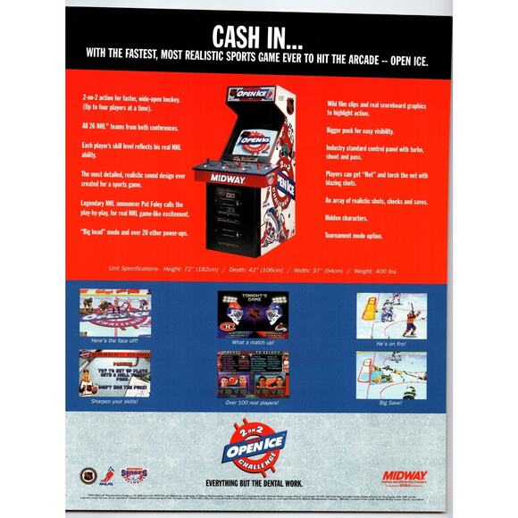 2 on 2 Open Ice Challenge Hockey Arcade Game Flyer 2 Sides Original 8.5" x 11" - Picture 2 of 2